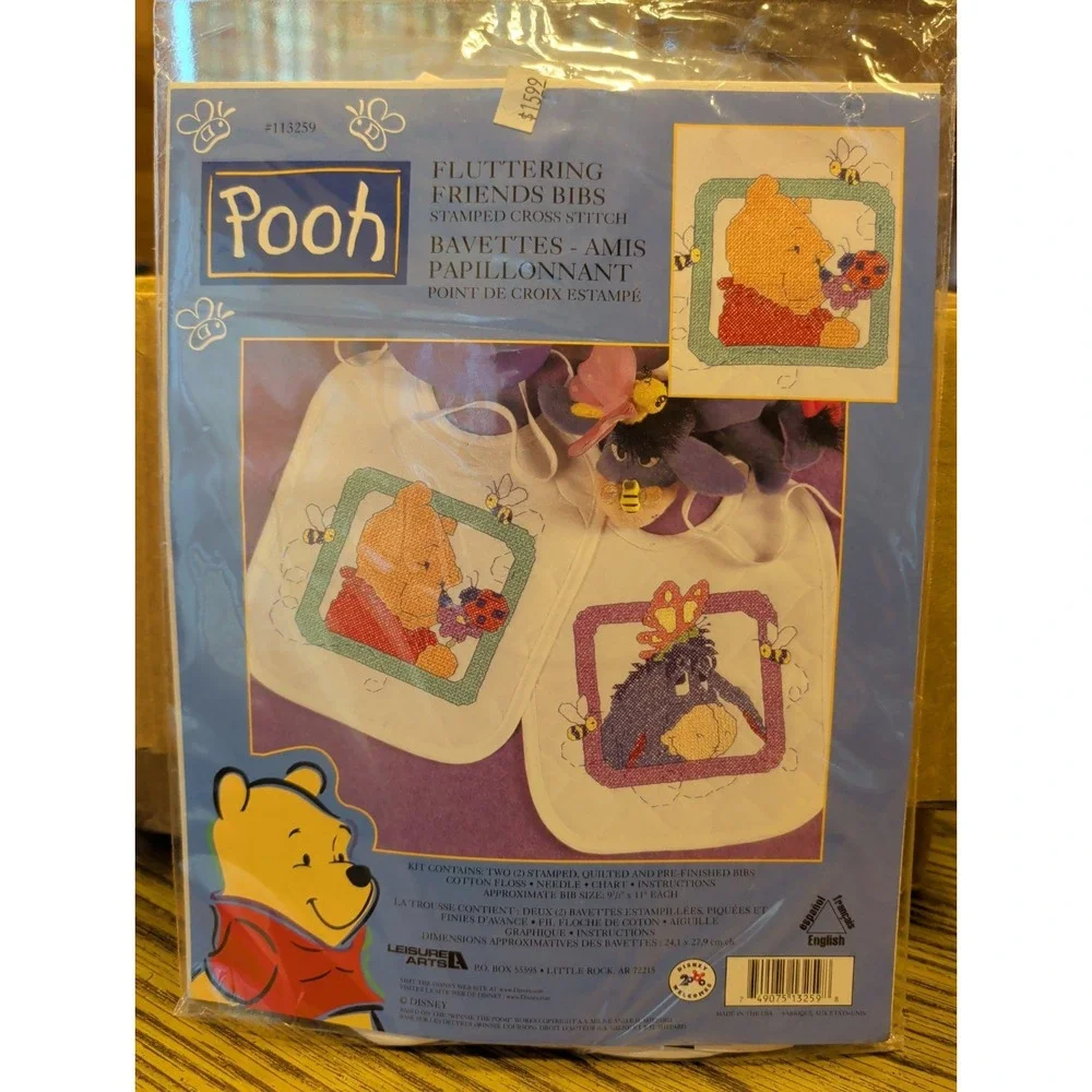 Disney Pooh Fluttering Friends Stamped Cross Stitch Bibs Kit 113259 Leisure Arts